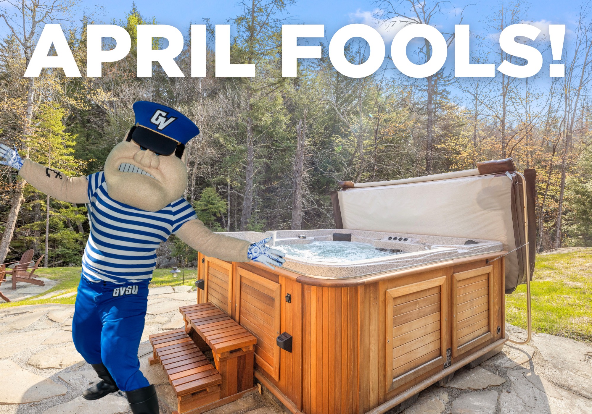 Louie the Laker in a spa robe with a hot tub behind with the words April Fools